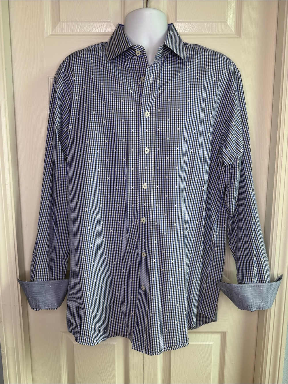 BUGATCHI Shaped Fit Blue White Checked Long-Sleeve Button-Up Shirt Flip Cuffs XL